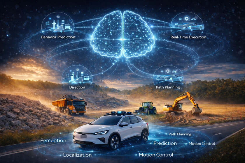 A dark blue, orange/yellow image divided into three parts. At the bottom front is a white autonomous car with cameras driving on a road, surrounded by several keywords connected in light blue. In the middle background, a truck, a tractor, and an excavator can be seen driving in a field or digging something up. At the top, a brain is depicted in light blue with four points extending from it.