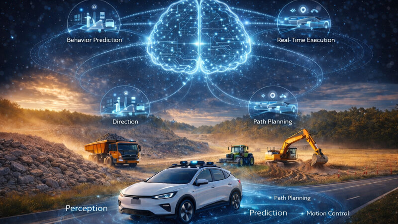 A dark blue, orange/yellow image divided into three parts. At the bottom front is a white autonomous car with cameras driving on a road, surrounded by several keywords connected in light blue. In the middle background, a truck, a tractor, and an excavator can be seen driving in a field or digging something up. At the top, a brain is depicted in light blue with four points extending from it.