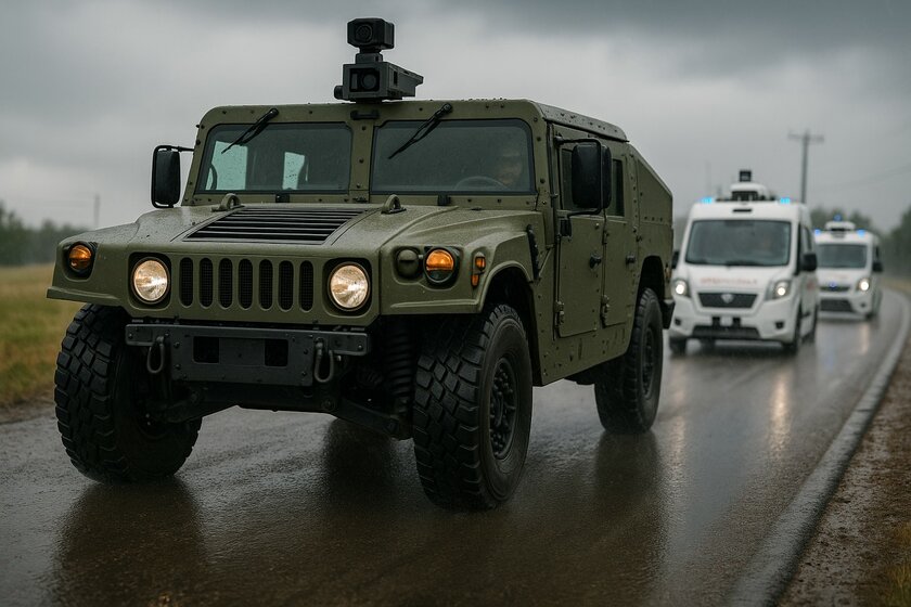 A military car is driving on a road in the rain, with two other normal white cars behind it. All three have a camera system on the roof.