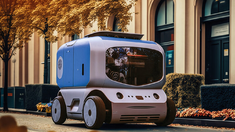 A blue and white autonomous vehicle drives past residential buildings on the road. The whole thing looks like an autumn morning with an orange leafy tree.