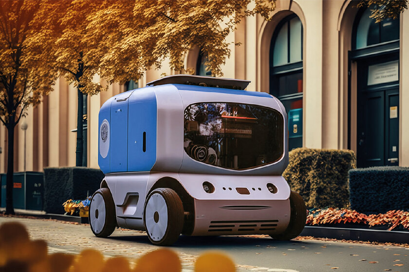 A blue and white autonomous vehicle drives past residential buildings on the road. The whole thing looks like an autumn morning with an orange leafy tree.