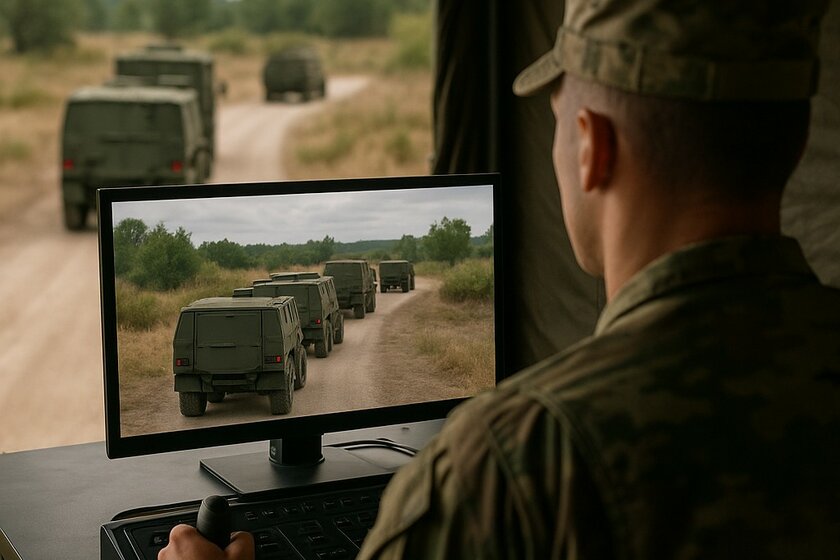 A man sits in his tent in front of a screen showing several military vehicles driving in a row. Through the open tent, you can almost see the vehicles from the screen driving in real life.