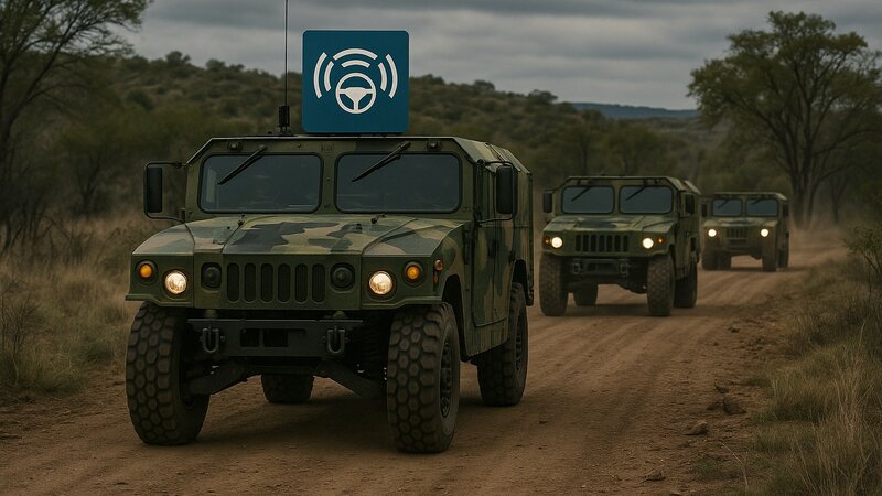 In a wooded area, three military vehicles drive one behind the other along a gravel road. 
