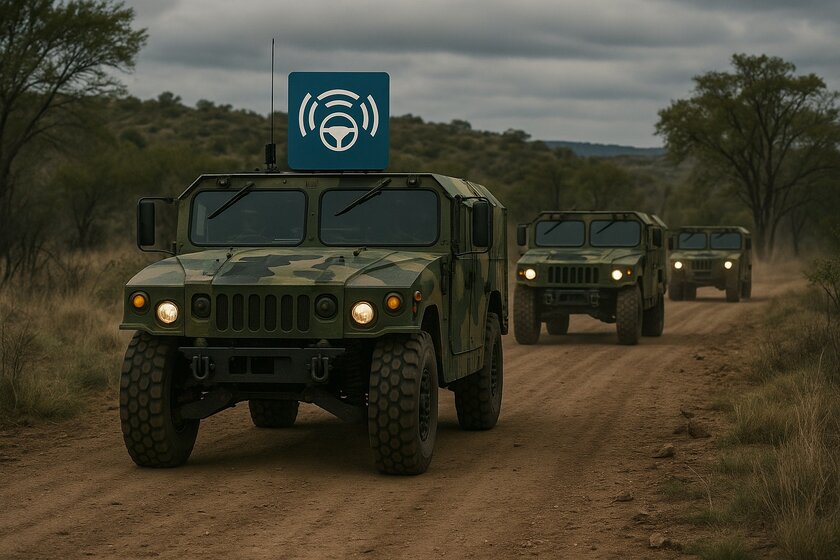 In a wooded area, three military vehicles drive one behind the other along a gravel road. 