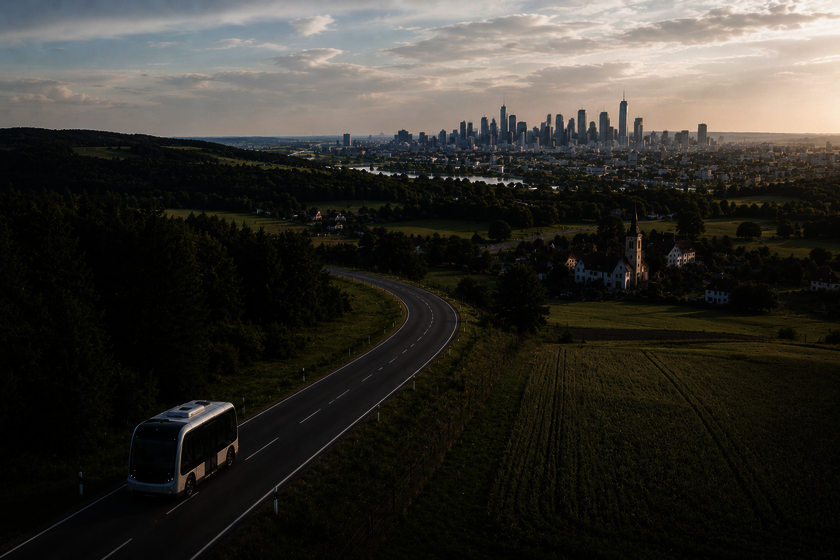 In a rural setting with many green meadows and trees, a driverless public bus is traveling down the road. To the right of the road is a small village, and in the background, you can see a large city with several skyscrapers. 