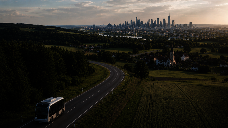 In a rural setting with many green meadows and trees, a driverless public bus is traveling down the road. To the right of the road is a small village, and in the background, you can see a large city with several skyscrapers. 