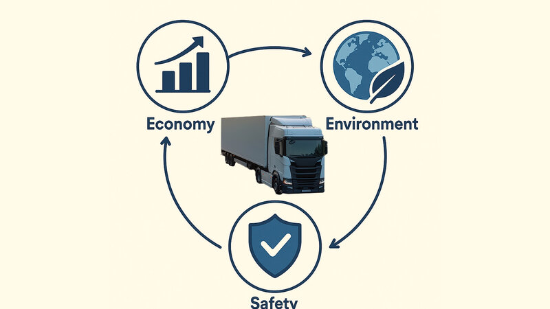 On a light yellow, beige background there are 3 icons labeled Economy, Environment and Safety, which are arranged in this order with connecting arrows in a circle. In the center is a truck.