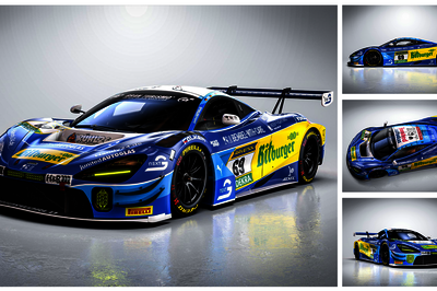 A large image on the left and three small images stacked vertically on the right show a McLaren race car from different angles. This is an animated image that illustrates the layout of the sponsor logos on the car.