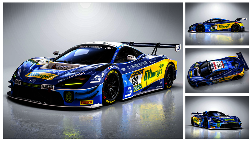 A large image on the left and three small images stacked vertically on the right show a McLaren race car from different angles. This is an animated image that illustrates the layout of the sponsor logos on the car.