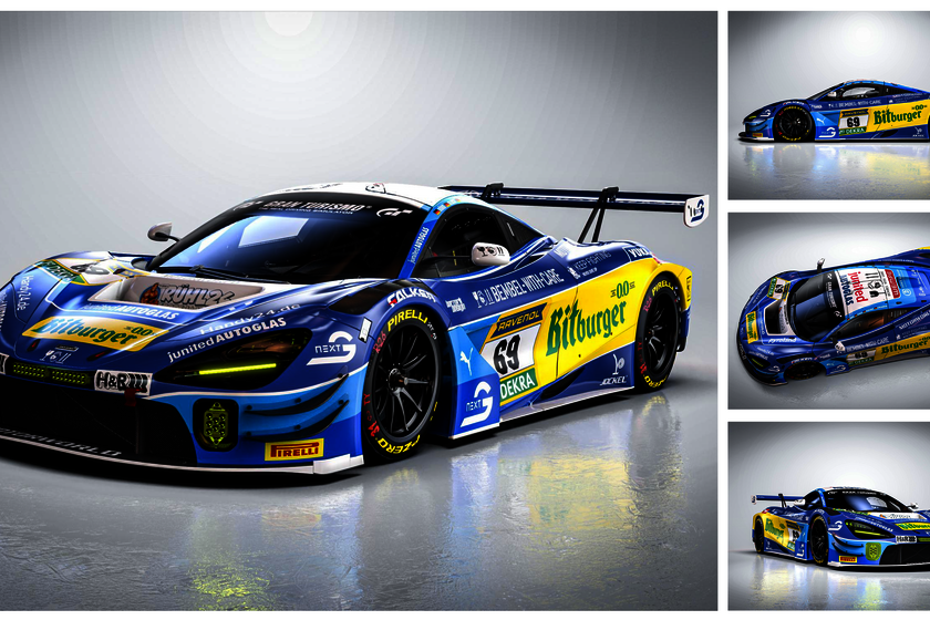 A large image on the left and three small images stacked vertically on the right show a McLaren race car from different angles. This is an animated image that illustrates the layout of the sponsor logos on the car.