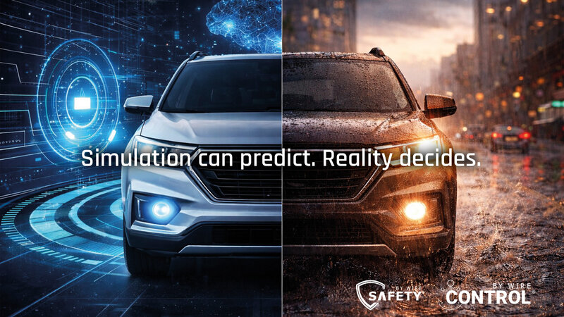A car is heading straight toward you; the left side is blue and depicts the autonomous world. The right half, on the other hand, is red and orange and represents the real world. In the center is the phrase “Simulation can predict. Reality decides.” and in the bottom right corner are two logos for Safety-by-Wire and Control-by-Wire.
