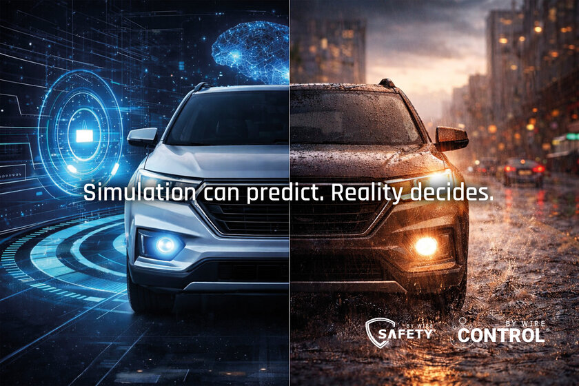 A car is heading straight toward you; the left side is blue and depicts the autonomous world. The right half, on the other hand, is red and orange and represents the real world. In the center is the phrase “Simulation can predict. Reality decides.” and in the bottom right corner are two logos for Safety-by-Wire and Control-by-Wire.