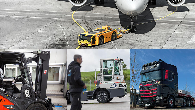 A collage of four pictures. The top picture shows a pusher pulling an aeroplane, on the bottom left a red forklift truck, in the middle picture a gentleman with a remote control and a terminal tractor and on the right a black and red Scania truck.