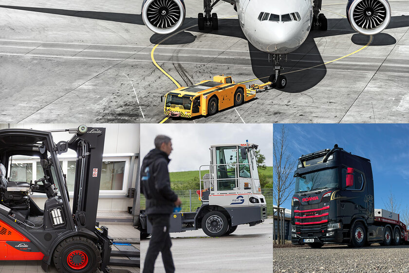 A collage of four pictures. The top picture shows a pusher pulling an aeroplane, on the bottom left a red forklift truck, in the middle picture a gentleman with a remote control and a terminal tractor and on the right a black and red Scania truck.