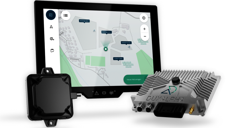 The three main components of DuxAlpha are shown in this picture. In the center rear is the large touch display with an image from the software, in the front left is a black square antenna, and on the right is the control unit with the DuxAlpha logo.