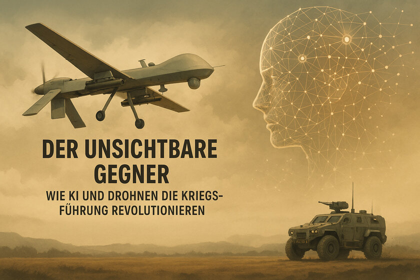 An orange and yellow picture with a military drone at the top left. On the right side there is a head made of dots at the top and a military vehicle at the bottom.