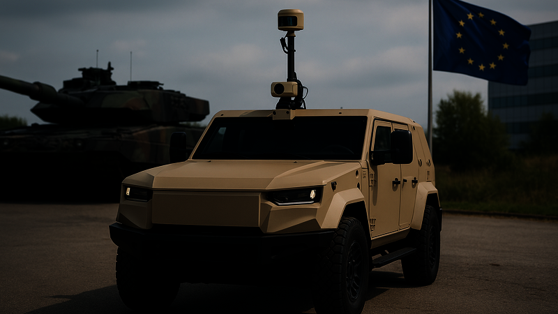 Two military vehicles - a car and a tank - are standing on a road. Behind them is a European flag waving in the wind.