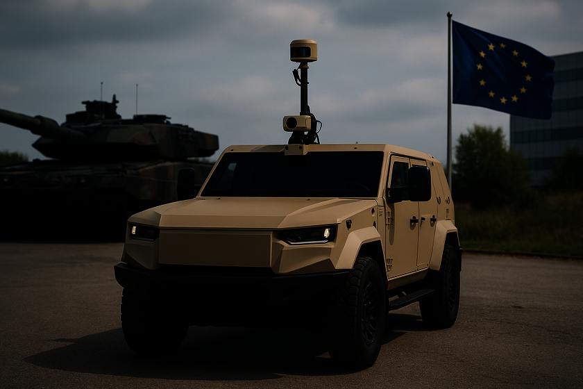 Two military vehicles - a car and a tank - are standing on a road. Behind them is a European flag waving in the wind.