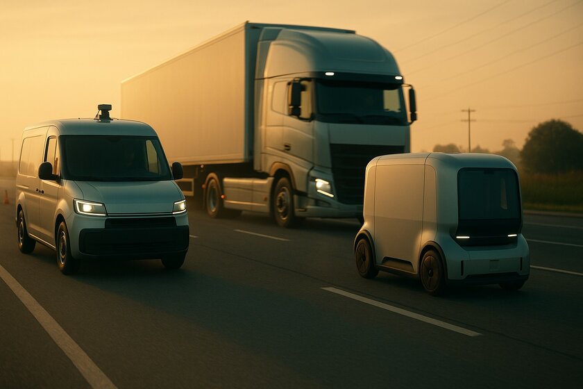 Three autonomous, diverse logistics vehicles drive side by side on a three-lane road. The whole picture is bathed in orange-yellow sunlight.
