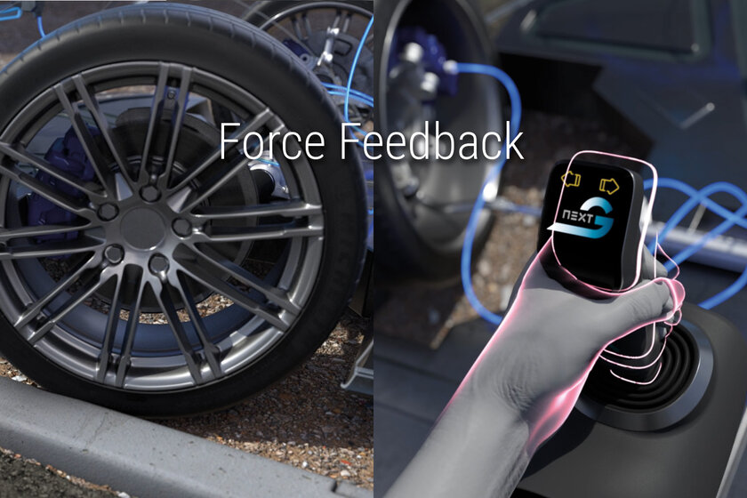 A two-part picture in which a smashed car wheel is driving onto a kerb on the left. On the right you can see a joystick with a hand with red outlines. Force Feedback is written above both pictures.