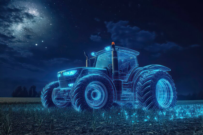 At night, an illuminated tractor with only blue lines stands in a field.