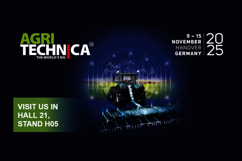 A banner for the Agritechnica agricultural trade fair with the date and stand location. Dark blue with a tractor in the center.