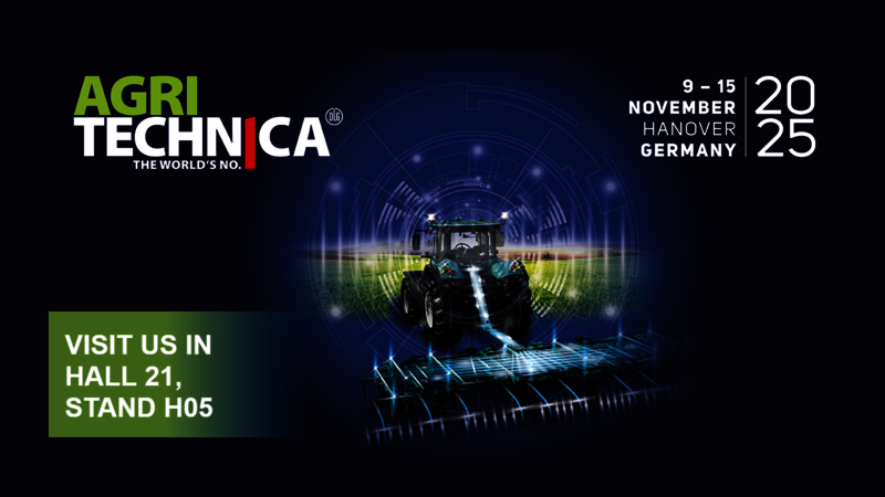 A banner for the Agritechnica agricultural trade fair with the date and stand location. Dark blue with a tractor in the center.