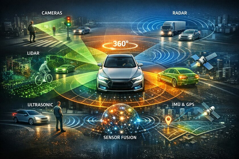 A car is shown in the center of the image. Various points are displayed around it: Top left: Cameras showing a person being observed. Top center: Lidar, a cyclist, and a second car are shown as green dots. Bottom left: Ultrasonic, a person standing on the road. Bottom center: Sensor fusion, a circle of small and large colorful dots connected by lines. Top right: Radar, a truck and a car driving side by side. Center/bottom right: IMU & GPS: one shows a car with a satellite and the other shows a navigation map with a satellite.
