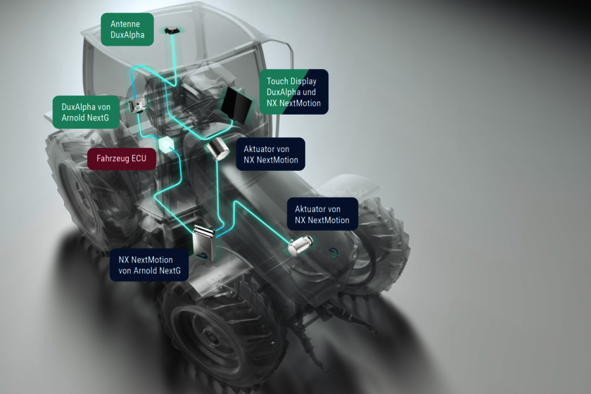 An animated tractor with various blue lines inside the tractor and colorful fields containing information. 