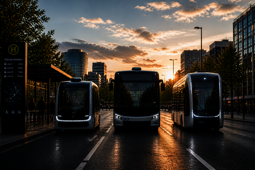 Three different public transportation vehicles capable of autonomous driving are parked side by side, facing forward, on a street. Surrounding them are trees and houses, and the scene is bathed in the beautiful glow of a sunset, with a blue sky and a few small clouds.