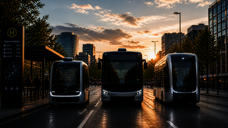 Three different public transportation vehicles capable of autonomous driving are parked side by side, facing forward, on a street. Surrounding them are trees and houses, and the scene is bathed in the beautiful glow of a sunset, with a blue sky and a few small clouds.