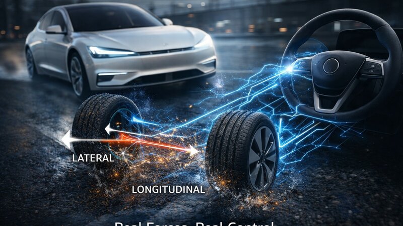A white Tesla is driving toward the viewer from the top left of the image, slightly out of focus. In the center, two tires connected to an axle are visible, with arrows indicating lateral and longitudinal directions. Dirt and water are spraying up from the tires to convey a sense of motion. On the right, a car steering wheel is visible. Finally, the text “Real Forces. Real Control.” appears at the bottom.