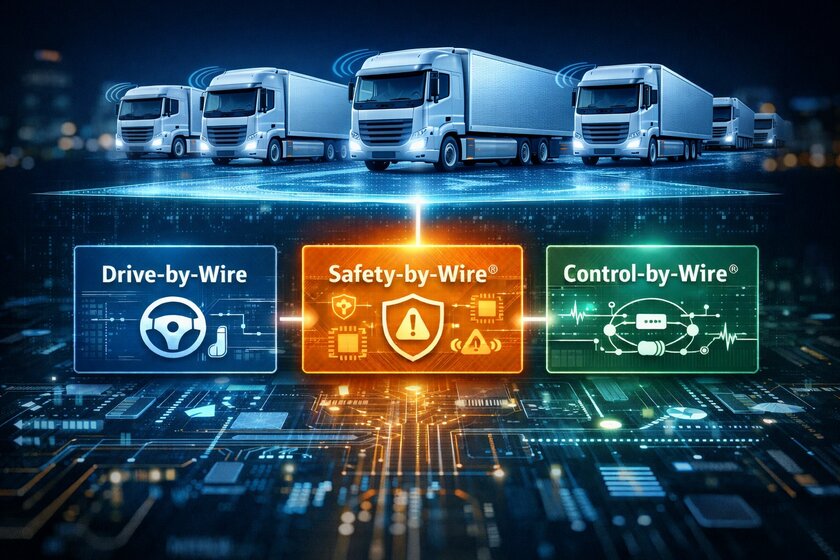 A blue image divided into three sections. At the top, you can see several white trucks; at the bottom, a circuit board; and in the middle, three different tiles. On the left, in blue, is a tile with a steering wheel and joystick labeled “Drive-by-Wire”; in the middle, in orange, is a tile with a shield labeled “Safety-by-Wire”; and on the right, in green, is a tile with several symbols labeled “Control-by-Wire.”