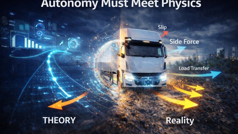 A dark blue image showing a truck driving toward the viewer with a sense of motion. To the left of it is a blue graphic, and to the right are several arrows with labels. The headline reads: “Autonomy Must Meet Physics.”