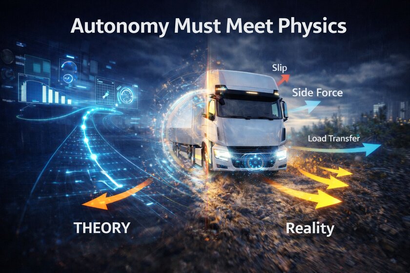 A dark blue image showing a truck driving toward the viewer with a sense of motion. To the left of it is a blue graphic, and to the right are several arrows with labels. The headline reads: “Autonomy Must Meet Physics.”
