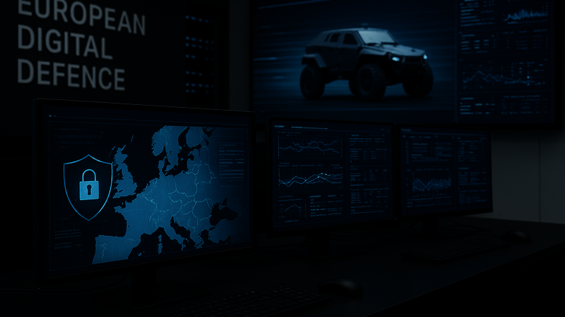 In one room, there are several screens with a keyboard and mouse next to each other, with a large TV hanging on the wall in the background. The whole picture is very balu and the screens show statistics, maps and a military vehicle. On the right-hand side of the wall it says “European Digital Defense”.