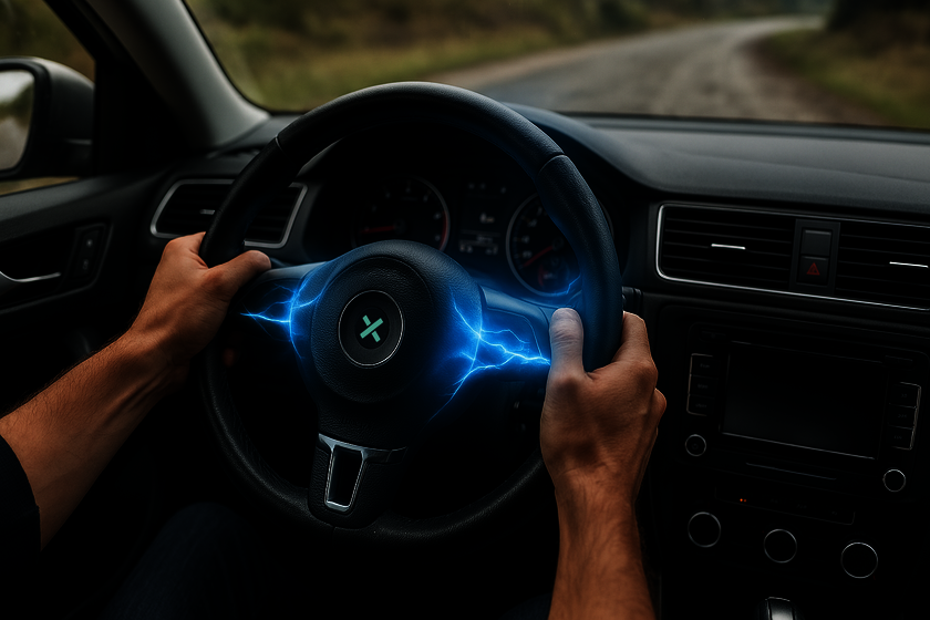 Two hands are holding a steering wheel in a car tightly. Blue flashes appear on the steering wheel from the direction of the hands. An NX NextMotion X is located in the centre of the steering wheel.