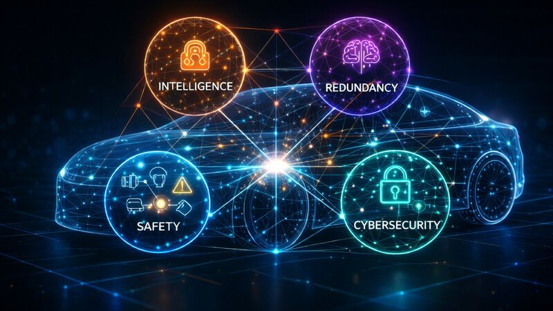 A car is depicted using larger and smaller blue dots on a dark blue/black background. Four different strands of varying colors and content extend from the car. At the bottom left is Safety in blue, at the top left is Intelligence in orange, at the top right is Redundancy in purple, and at the bottom right is Cybersecurity in turquoise.