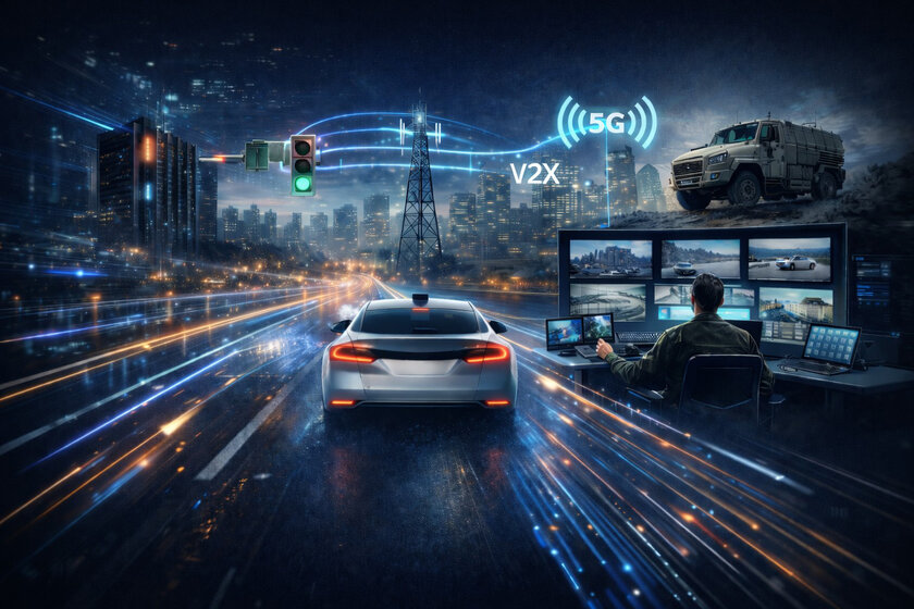 A car is driving on a virtual road with blue and orange stripes and a green traffic light. In the background, you can see a city with a transmission tower, next to which is written V2X and 5G. On the right edge of the image, you can see a section of a person sitting in front of several screens and controlling/monitoring cars. Above that is another section showing a second vehicle.