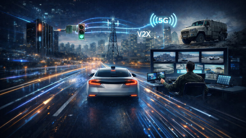 A car is driving on a virtual road with blue and orange stripes and a green traffic light. In the background, you can see a city with a transmission tower, next to which is written V2X and 5G. On the right edge of the image, you can see a section of a person sitting in front of several screens and controlling/monitoring cars. Above that is another section showing a second vehicle.