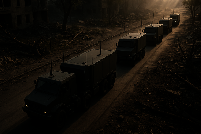 Several autonomous military trucks drive one behind the other through a street with destroyed houses and trees to the right and left. From behind, warm, bright rays of sunlight shine on the dark, destroyed city.