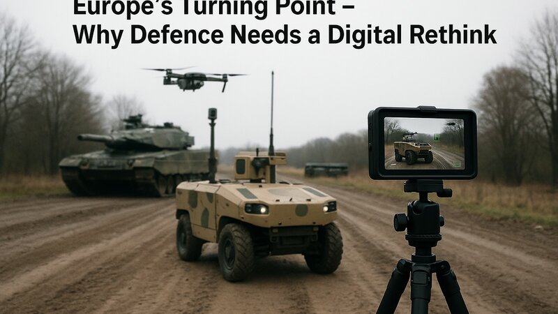 Several military vehicles are standing on a web of earth in the middle of nature. A kind of photo/film camera records the whole thing from the front.