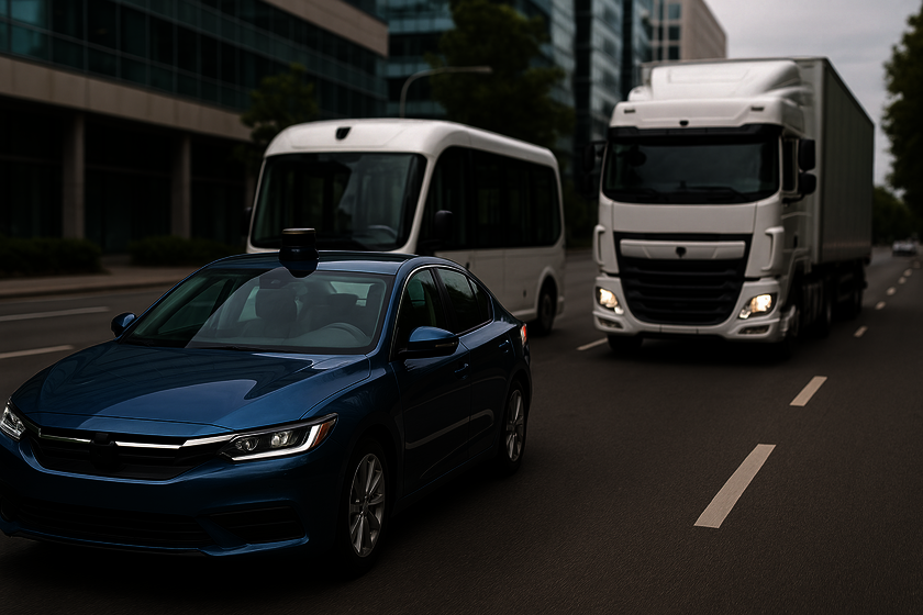 Three different vehicles are driving on an empty street in the city. A blue car in front, a white bus behind it on the left and a white truck on the right.