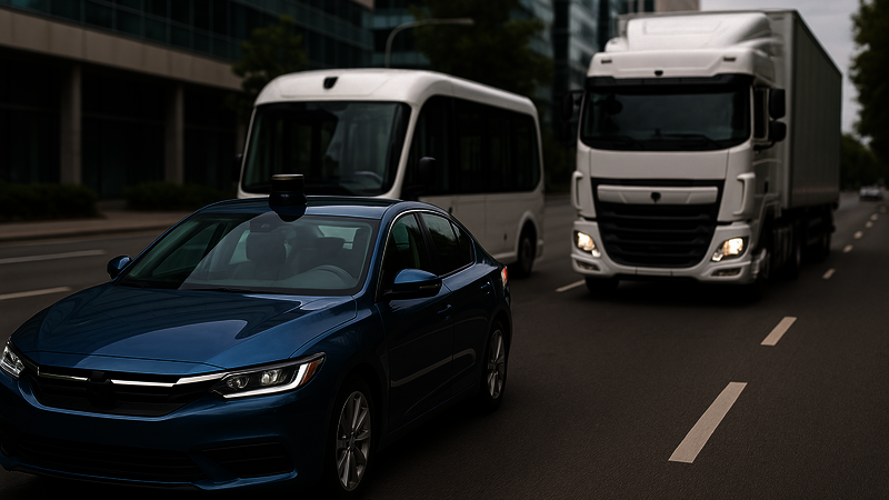 Three different vehicles are driving on an empty street in the city. A blue car in front, a white bus behind it on the left and a white truck on the right.