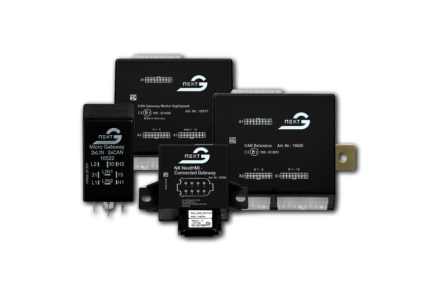 Four different gateways, i.e., black squares displaying the logo and technical data with various connections.