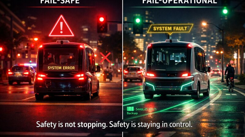 A split-screen image, with the left half depicting “fail-safe.” In this scenario, an autonomous vehicle displays a system error, comes to an abrupt stop, and shows everything in red, including the surrounding area. The right half depicts “fail-operational”: although the autonomous vehicle displays a system error, it continues to operate, and the surrounding area is shown in green.