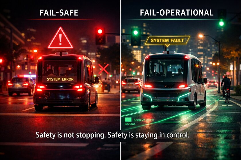 A split-screen image, with the left half depicting “fail-safe.” In this scenario, an autonomous vehicle displays a system error, comes to an abrupt stop, and shows everything in red, including the surrounding area. The right half depicts “fail-operational”: although the autonomous vehicle displays a system error, it continues to operate, and the surrounding area is shown in green.