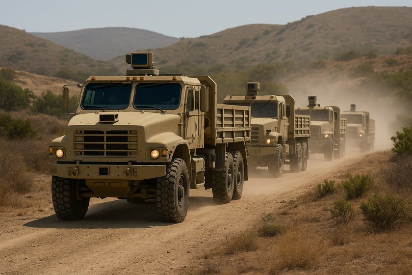 In a very dry area, with lots of sand and a few bushes on the slopes of the mountains, a convoy of four military vehicles drives along a gravel road. All vehicles have cameras on their roofs and kick up dirt with their tires. 