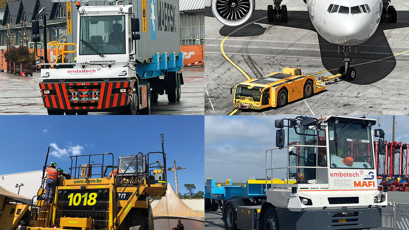 A collage of four pictures. Top left and bottom right are various terminal tractors at the harbor. At the bottom left is a yellow mining vehicle and at the top right is a pusher placing an airplane on the tarmac.