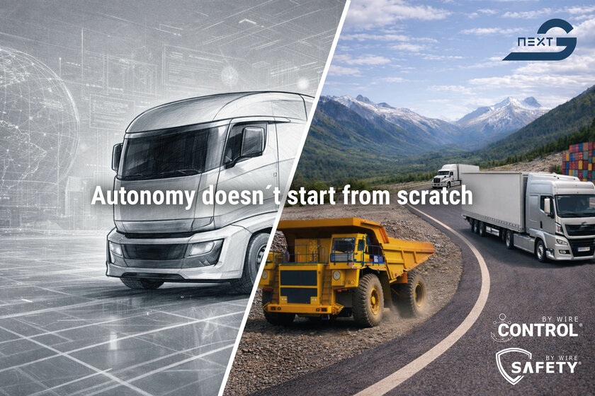 An image divided in half by a diagonal bar. On the left is a sketch of a truck, and on the right is an image showing three different trucks: a yellow mining truck on a gravel surface, a standard white truck on a road, and an International truck behind it, also driving on the road. In the center is the text “Autonomy doesn’t start from scratch”; at the bottom right are the Control-by-Wire and Safety-by-Wire logos; and finally, the Arnold NextG logo is in the top right corner. 